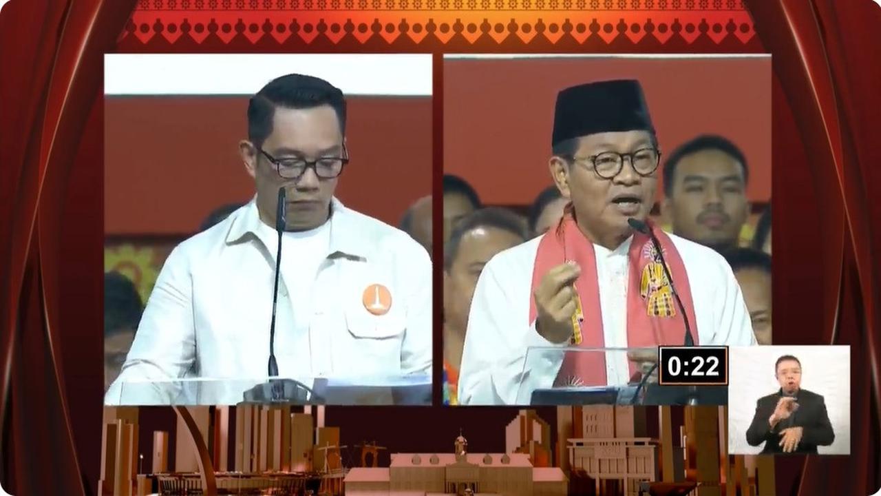Calon Gubernur (Cagub) nomor urut 1 Ridwan Kamil dan Cagub nomor urut 3 Pramono Anung saat debat kedua Pilgub Jakarta 2024.