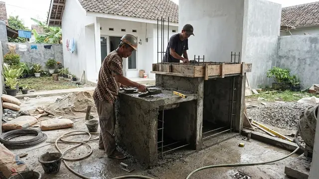 Desain Tempat Cuci Piring Belakang Rumah dengan Meja Cor Dua Tingkat