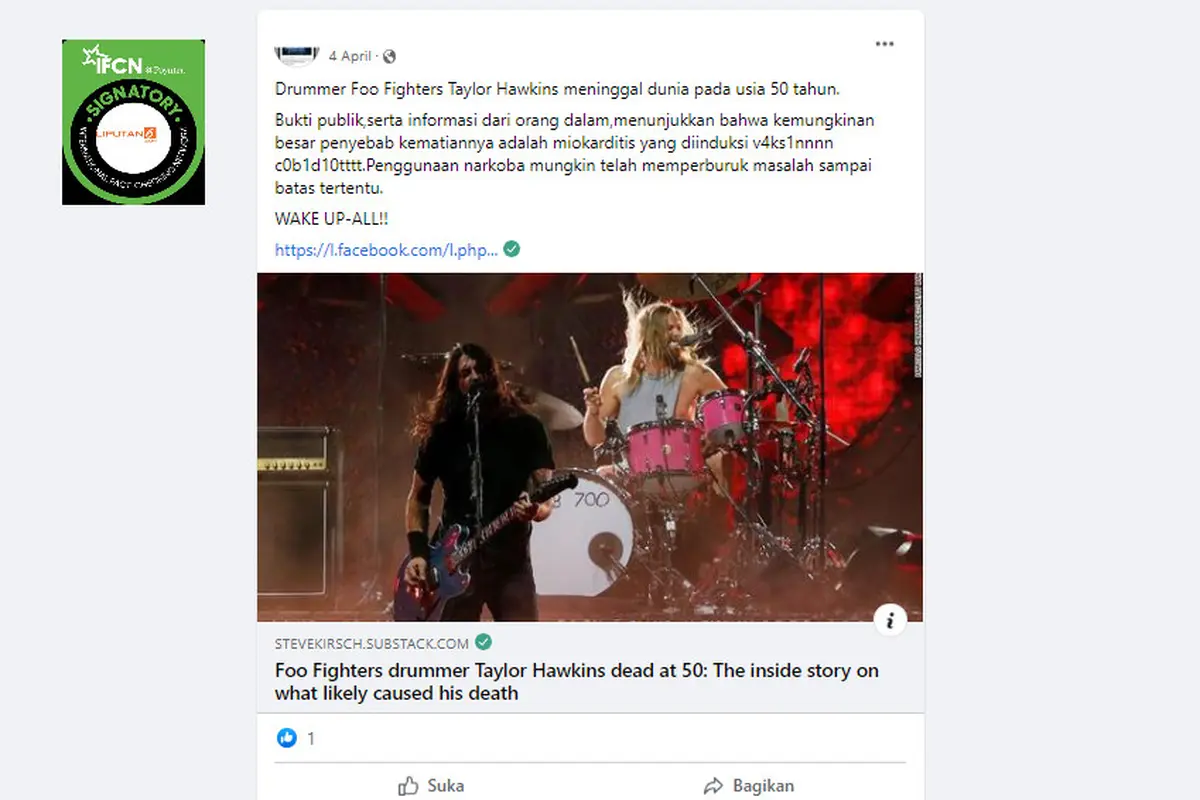 Penelusuran  klaim Drummer Foo Fighters Taylor Hawkins meninggal karena vaksin Covid-19