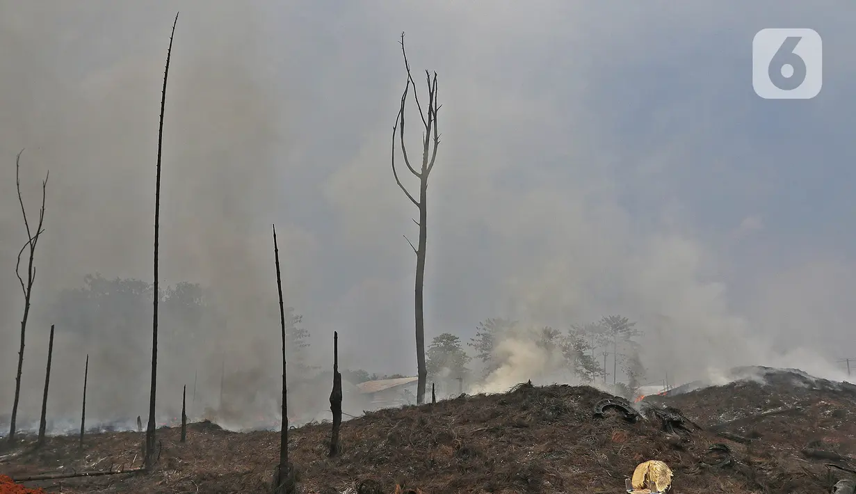 Kepulan asap masih terlihat dari lokasi kebakaran lapak ban bekas, Desa Bojong Nangka, Gunung Putri, Kabupaten Bogor, Jawa Barat, Kamis (22/4/2021). Kebakaran lapak ban bekas yang terjadi Senin (19/4) petang tersebut hingga saat ini belum bisa dipadamkan. (Liputan6.com/Herman Zakharia)