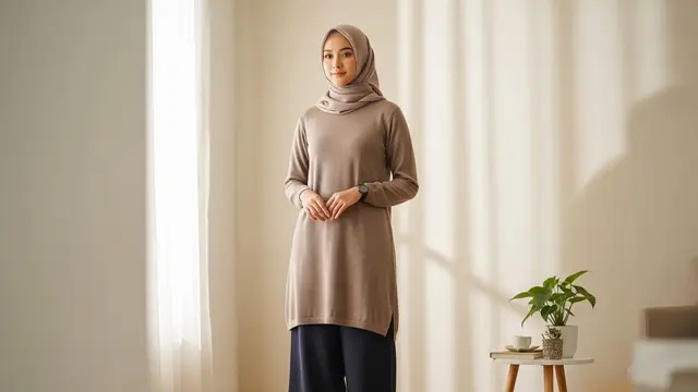 Model Set Tunik Polos dengan Celana Kulot untuk Baju Lebaran Simpel