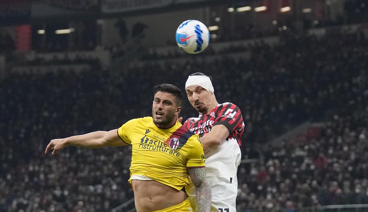 AC Milan menorehkan 54 persen penguasaan bola, berbanding 46 persen milik Bologna. Zlatan dkk. juga memperoleh tujuh peluang bagus dari 33 kesempatan. (AP/Antonio Calanni)