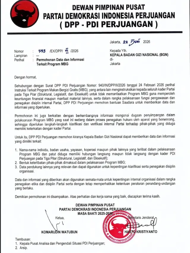 Salinan surat DPP PDIP tentang Permohonan Data dan Informasi Terkait Program Makan Bergizi Gratis (MBG). (Dok. Istimewa)