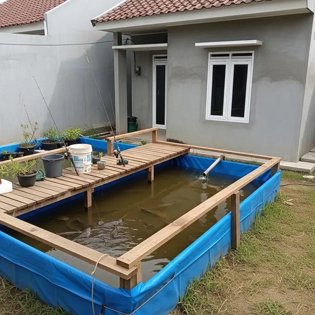 Budidaya Ikan Lele di Kolam Terpal Mini untuk Belakang Rumah Type 36 (AI Generated)