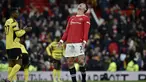 Penyerang Manchester United, Cristiano Ronaldo bereaksi setelah peluit akhir dibunyikan melawan Watford pada pertandingan lanjutan Liga Inggris di di Old Trafford di Manchester, Inggris, Sabtu (26/2/2022). MU bermain imbang dengan Watford 0-0. (AP Photo/Rui Vieira)
