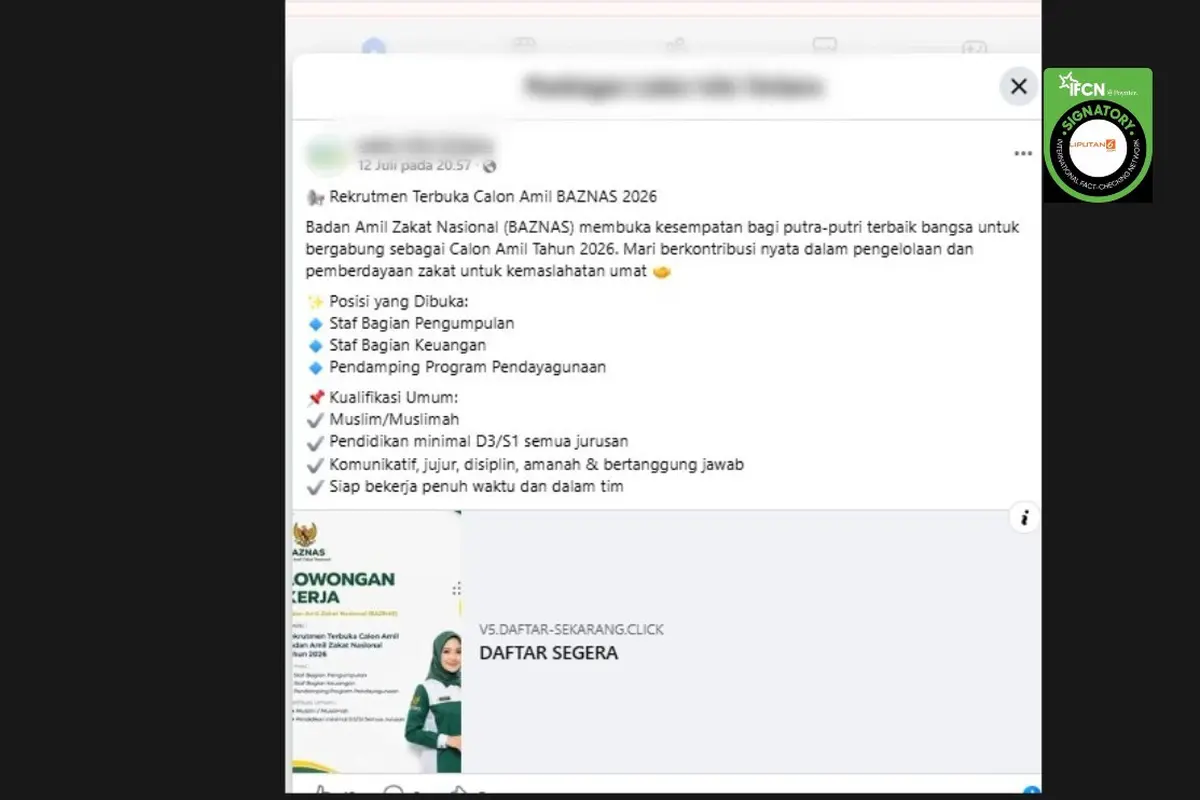 Cek Fakta Liputan6.com mendapati klaim link pendaftaran rekrutmen Calon Amil Baznas 2026.
