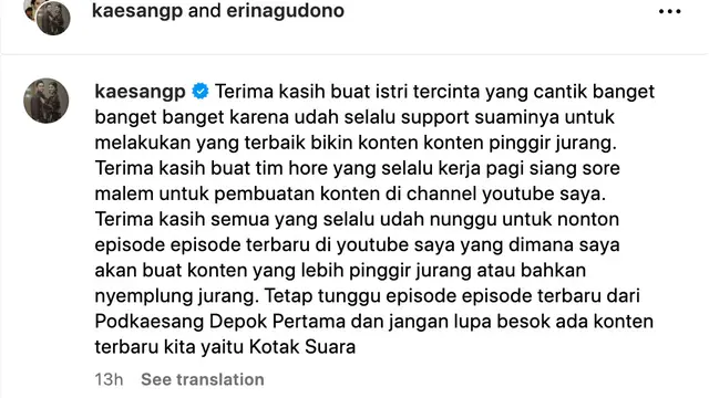 Unggahan Kaesang Pangarep. (Foto: Dok. Instagram @kaesangp)