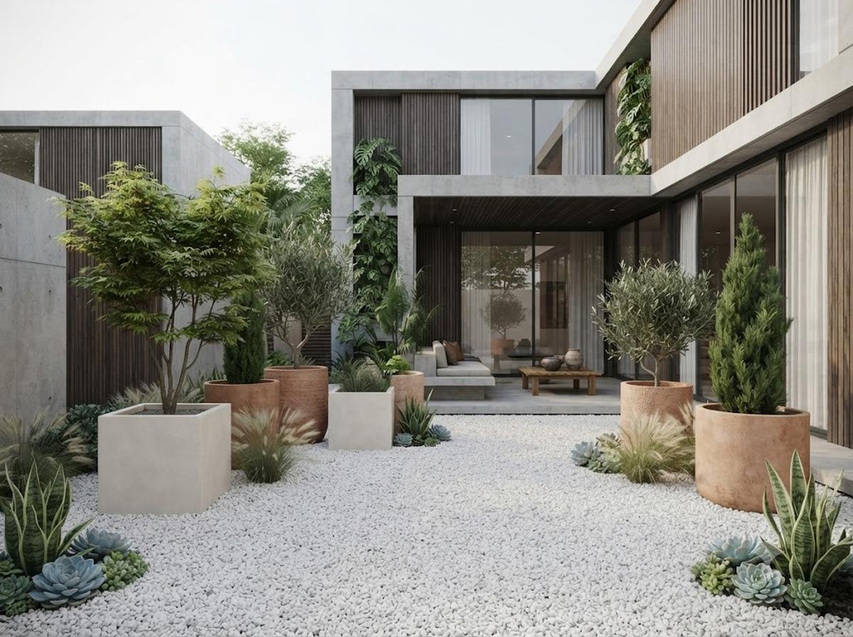 Gravel Garden Modern dengan Tanaman dalam Pot Besar