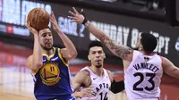 Toronto Raptors harus kerja keras untuk meredam guard Golden State Warriors Klay Thompson di sisa NBA Finals 2019. (Frank Gunn/The Canadian Press via AP)