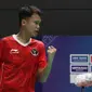 Pebulu tangkis tunggal putra Indonesia, Christian Adinata melakukan selebrasi saat melawan pebulu tangkis tunggal putra Malaysia, Lee Shun Yang pada final bulu tangkis beregu putra SEA Games 2023 di Badminton Hall Morodok Techo National Stadium, Phnom Penh, Kamboja, Kamis (11/05/2023). (Bola.com/Abdul Aziz)