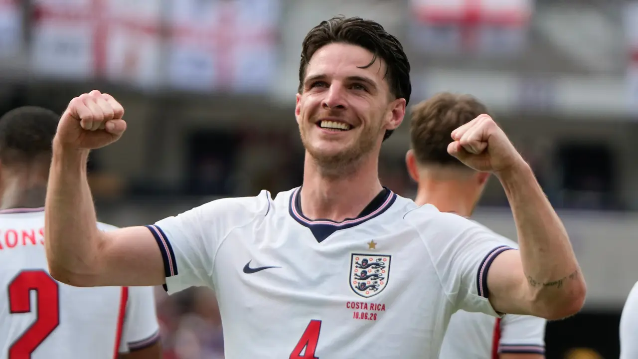 Selebrasi Declan Rice usai mencetak gol bagi Timnas Inggris ke gawang Timnas Kosta Rika di laga uji coba di Inter&Co Stadium di Florida, Kamis (11/6/2026) dini hari WIB.