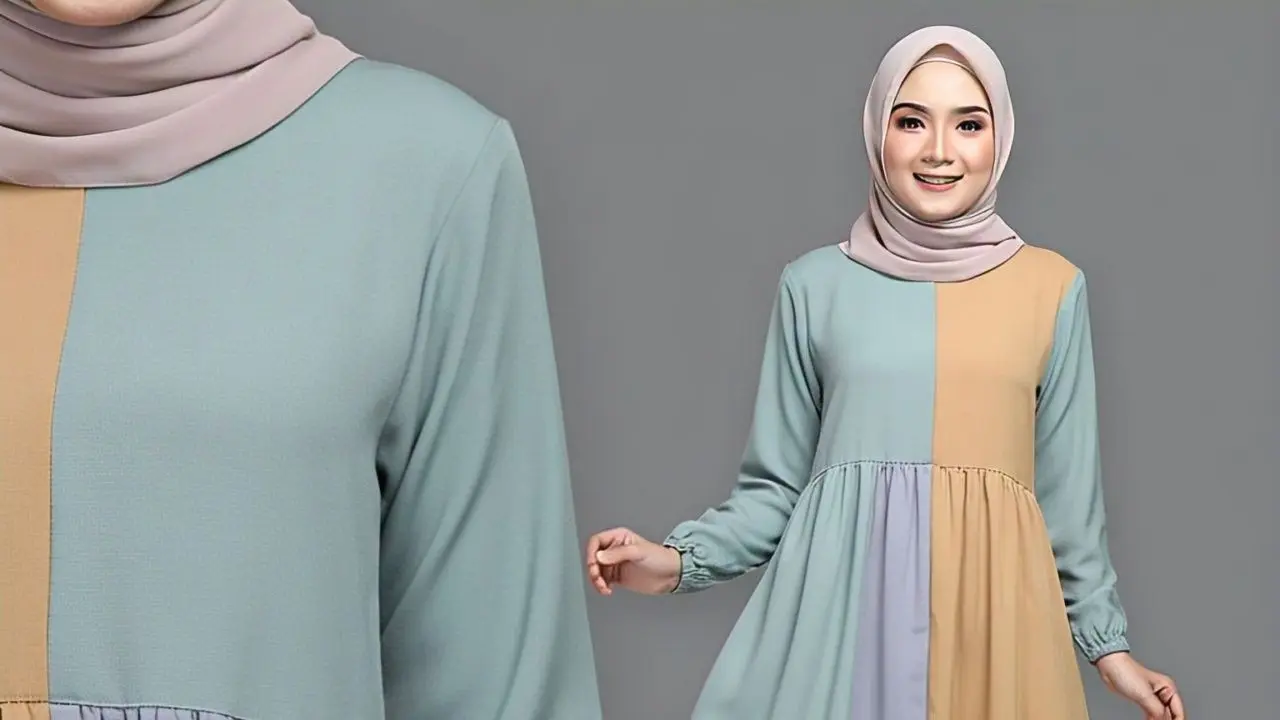 Model Baju Gamis Polos Modern Terbaru Kombinasi Dua Warna
