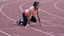 Atlet lari putri Indonesia, Jeany Nuraini, saat latihan di Stadion Madya, Jakarta, Kamis (17/10/2019). Sprinter muda ini akan menjadi salah satu atlet yang akan berlaga di SEA Games 2019. (Bola.com/M Iqbal Ichsan)