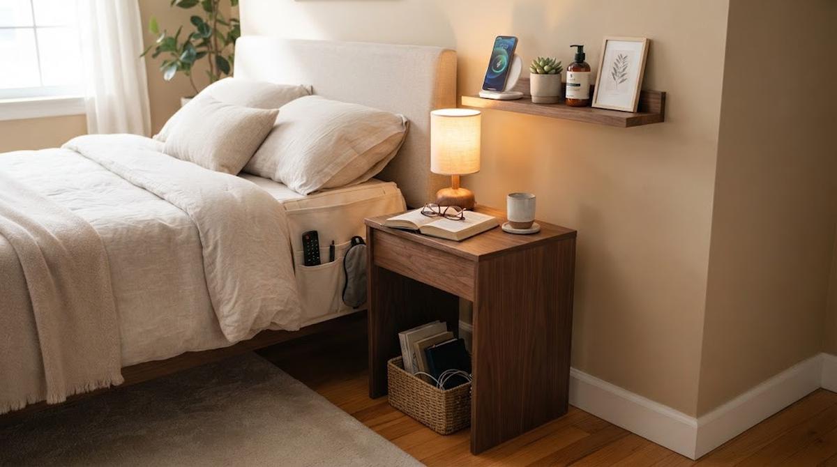 Cara Menata Barang di Samping Tempat Tidur agar Tidak Memenuhi Meja Kecil/AI Generated