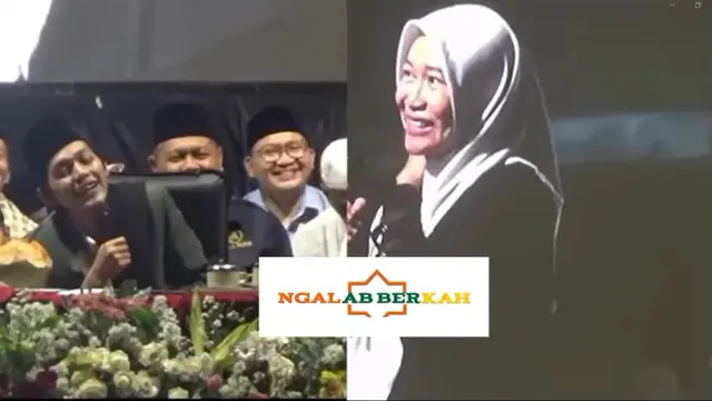Jemaah yang menangis sambil bawa foto Gus Iqdam dan Ning Nila (SS: YT Ngalab Berkah)