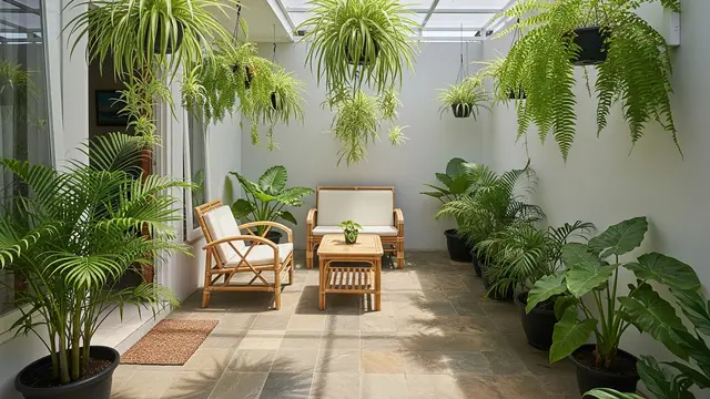 Teras Atap Kanopi Transparan dengan Tanaman Gantung