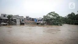 Kondisi banjir yang merendam permukiman warga bantaran Sungai Ciliwung, Jakarta, Senin (10/10/2022). Hingga pukul 09.00 WIB hari ini, Badan Penanggulangan Bencana Daerah (BPBD) DKI Jakarta mencatat sebanyak 68 RT di Jakarta terendam banjir akibat luapan Sungai Ciliwung. (Liputan6.com/Faizal Fanani)