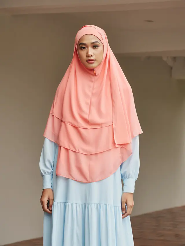 Model Gamis Bahan Wolpeach dengan Potongan Tiered Anggun