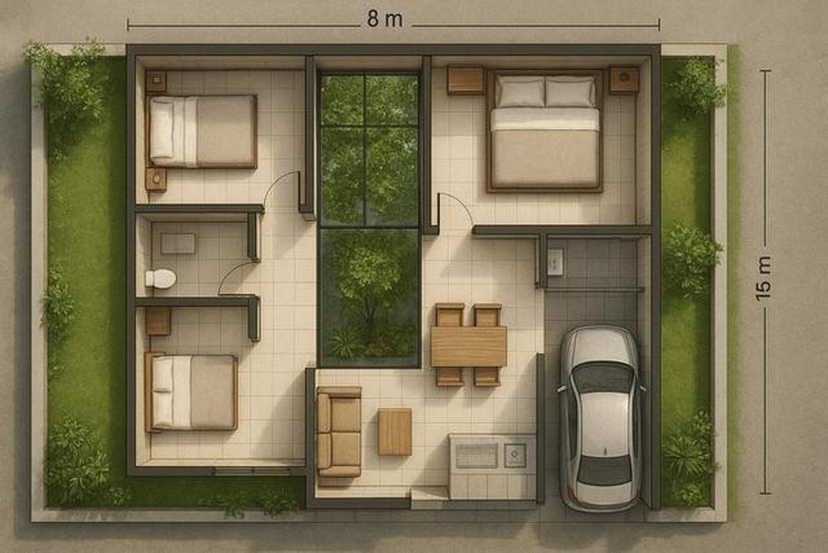 7 Denah Rumah 8x15 m dengan 3 Kamar Tidur untuk Keluarga Muda, Nyaman dan Hemat Ruang