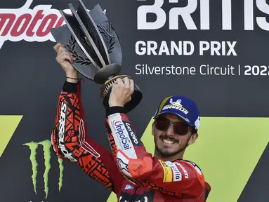 Pembalap Ducati, Francesco Bagnaia behasil menjuarai MotoGP Inggris 2022 yang merupakan seri ke-12 di musim ini yang berlangsung di sirkuit Silverstone, Inggris, Minggu (7/8/2022) malam WIB. (AP/Rui Vieira)