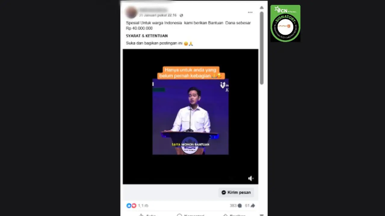 Cek Fakta Liputan6.com mendapati klaim video Wapres Gibran Rakabuming Raka memberikan bantuan dana sebesar Rp 40 juta.