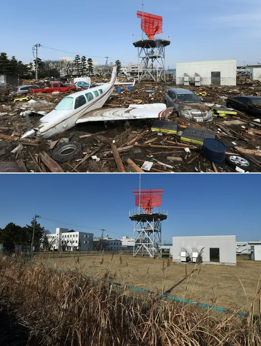 Foto kombinasi menunjukkan pesawat pribadi (atas) yang terdampar di darat tsunami di puing-puing di samping mobil di luar Bandara Sendai di Natori, Prefektur Miyagi pada 13 Maret 2011, dua hari setelah tsunami memukul wilayah tersebut dan area yang sama (bawah) hampir 10 tahun kemudian pada 26 Janua