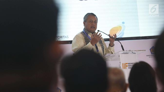 Gubernur BI Perry Warjiyo memberi sambutan dalam acara IIF 2018 di IMF-WB 2018, Bali, Selasa (9/10). Indonesia membutuhkan pembiayaan infrastruktur untuk mengejar target pertumbuhan ekonomi RPJM 2015-2019 sebesar 5%-7%. (Liputan6.com/Angga Yuniar)