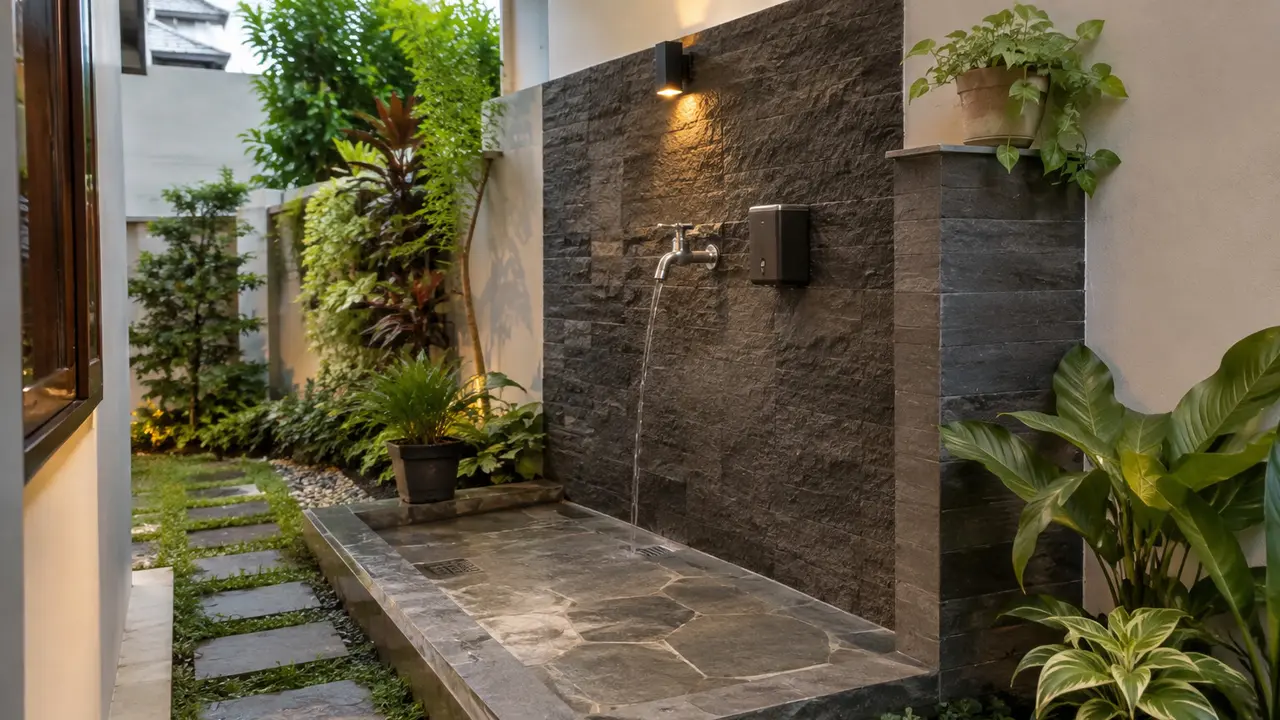 Desain Tempat Wudhu di Samping Rumah dengan Lantai Batu Bertekstur