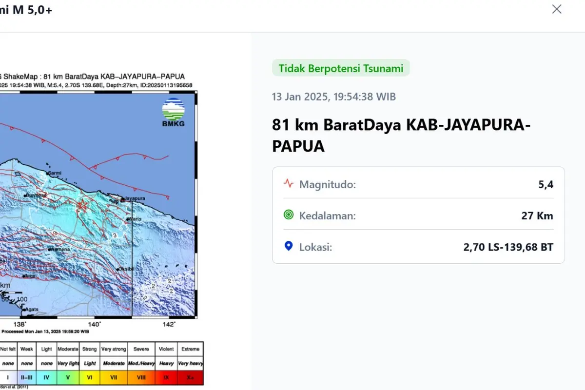 Gempa hari ini di awal pekan, Senin (13/1/2025) menggetarkan malam tadi pukul 19:54:38 WIB di wilayah Jayapura, Provinsi Papua.