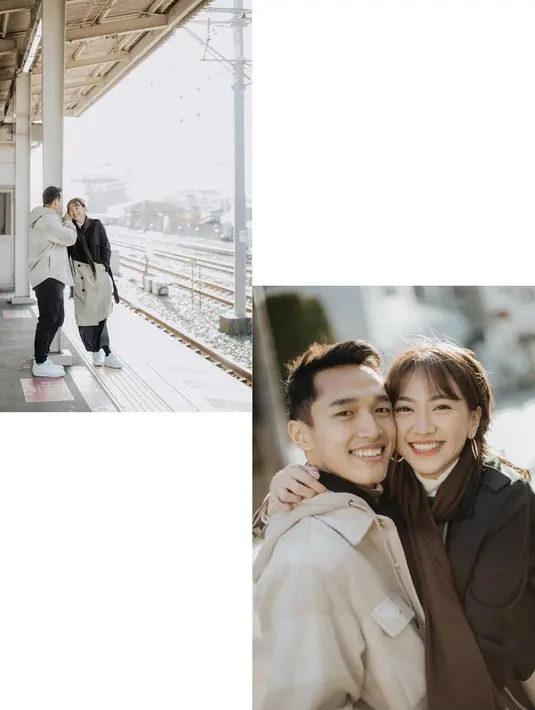 Mengusung konsep warm dengan latar outdoor di Jepang, Jojo dan Shanju tampil serasi dengan outfit berlapis nuansa earthy. [Foto: IG/shanju].