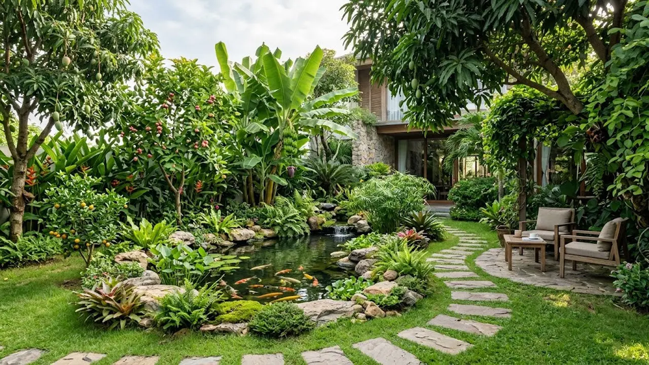 Ide Taman Rumah Sejuk dengan Tanaman Buah dan Kolam Ikan