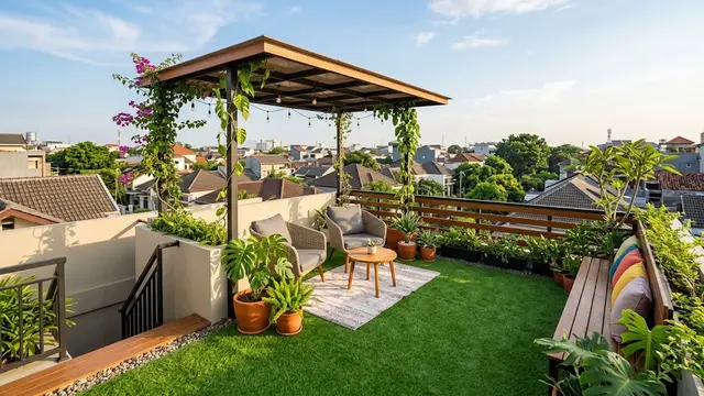 Desain Teras Rooftop Rumah Kecil yang Estetik/AI Generated