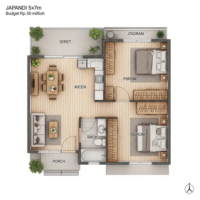 Denah Rumah Japandi Sederhana Ukuran 5x7 Biaya 50 Juta Cocok di Desa (Image by Gemini AI)