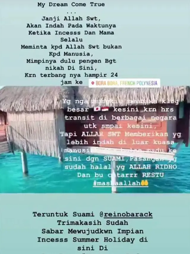 Ungkapan Syahrini bisa menginjakkan kaki di Pulau Bora Bora (Instagram Stories)