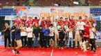 Tim putra Tectona Bandung merayakan keberhasilan menjuarai Bolavoli Nusantara Cup 2024 setelah membungkam Bintang Mahameru Sejahtera Bekasi dengan skor 3-1 (25-19, 25-18, 22-25, 25-20) pada laga final di GOR UNY Yogyakarta, Minggu (24/3/2024). (Dokumentasi PBVSI)