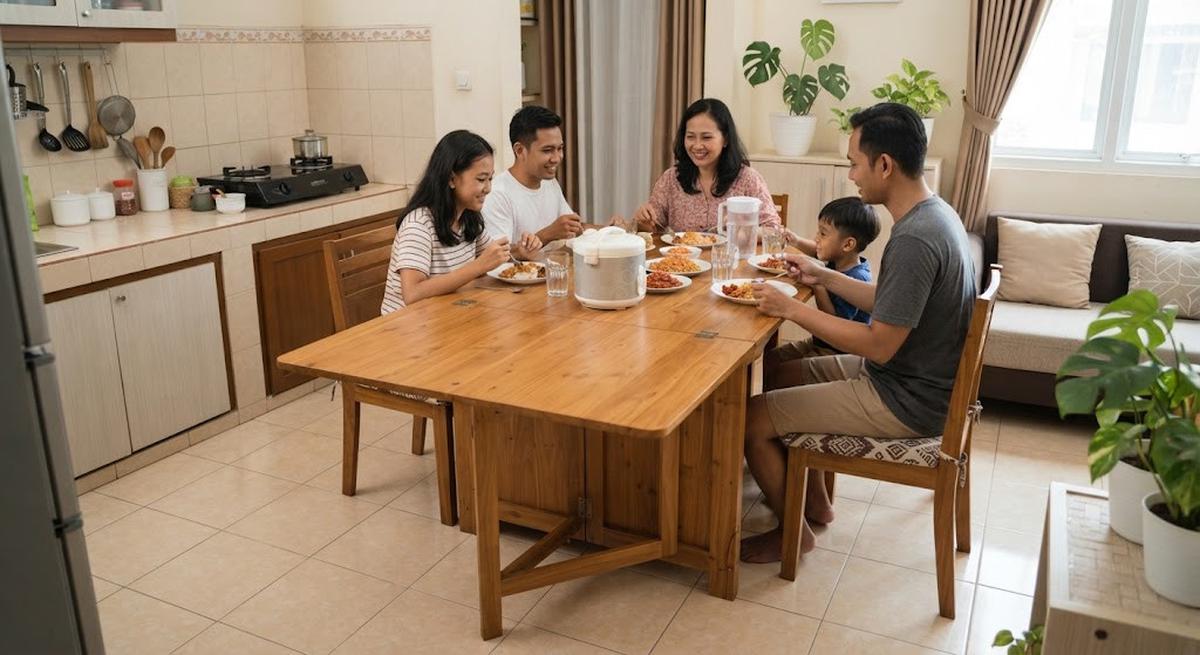 Ide meja makan lipat untuk rumah dengan ruang terbatas yang praktis untuk rumah KPR maupun subsidi model dengan bagian daun menja yang bisa dirunkan