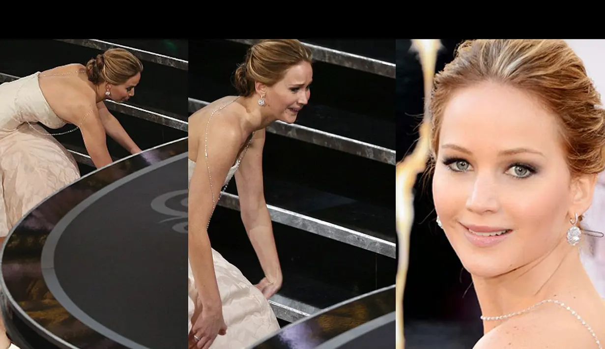 Aktris Jennifer Lawrence mengalami kecelakaan saat menerima penghargaan Oscar  berkat aktingnya dalam film Silver Linnings Playbook pada 24 Februari 2013 (Istimewa)