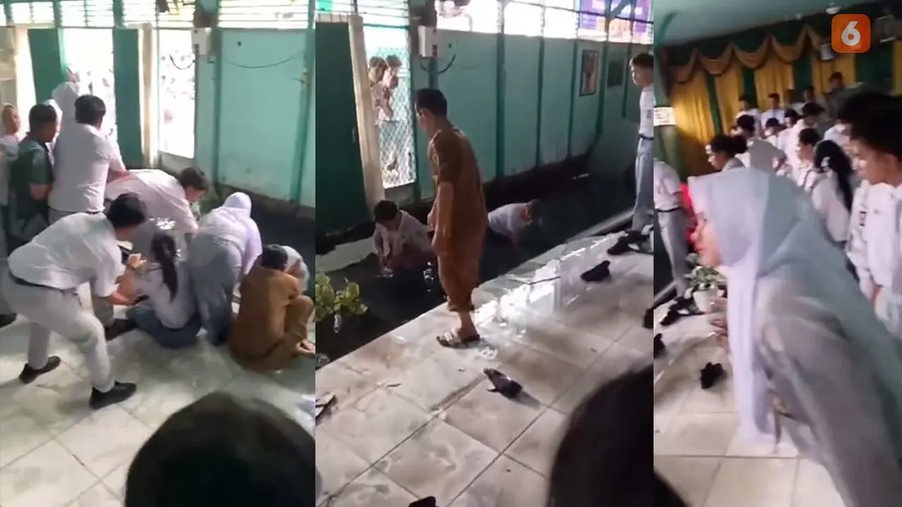 Lantai aula SMA Negeri 7 Banjarmasin Kalimantan Selatan Ambruk