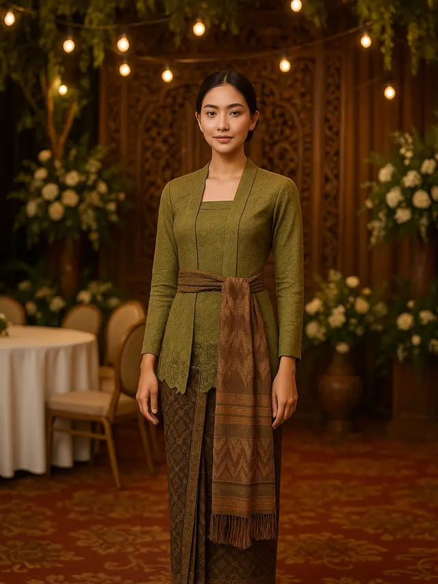 Model Kebaya Panjang dengan Selendang Ikat Samping Pinggang