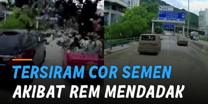 VIDEO: Gara-Gara Rem Mendadak, Mobil Tersiram Cor Semen