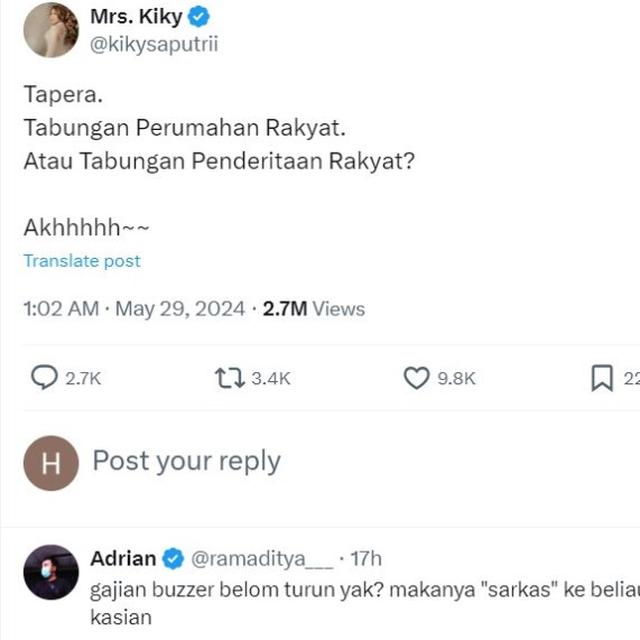 Kritik Program Tapera, Kiky Saputri Malah Dicibir Warganet