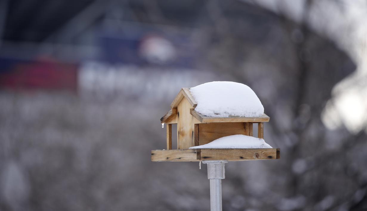 Salju menutupi rumah burung di halaman Museum Anak Denver di Kampus Marsico, Denver (27/1/2022). Badai musim dingin yang bergerak cepat turun hingga setengah kaki salju di wilayah metropolitan Denver sebelum pindah ke dataran timur. (AP Photo/David Zalubowski)