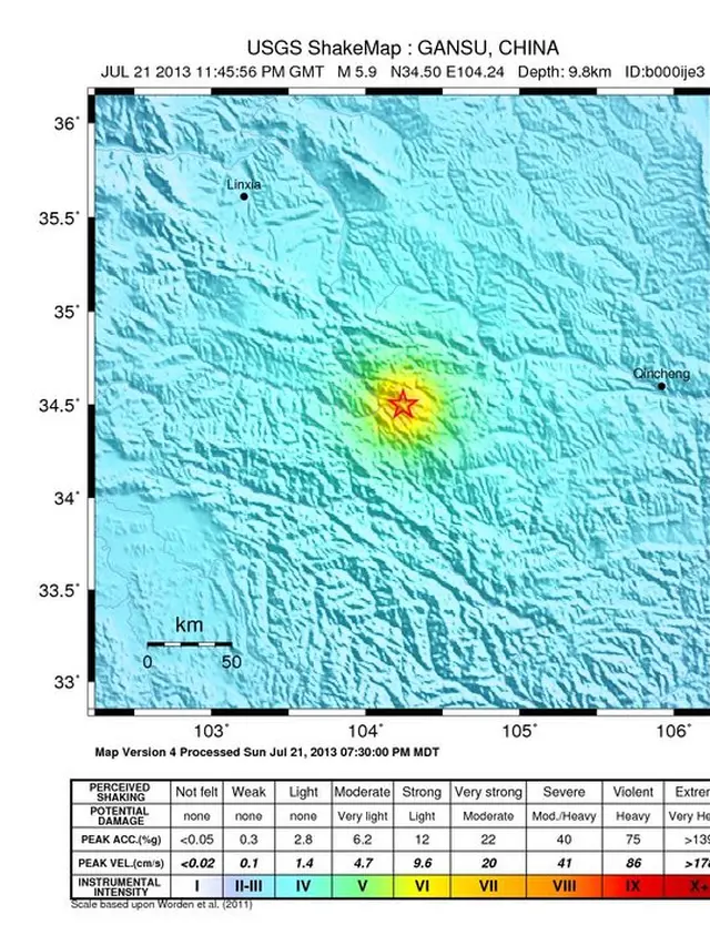 Lokasi gempa bumi di Provinsi Gansu, Barat Laut China pada 22 Juli 2013. (USGS)