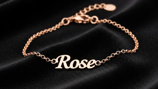 Gelang Rantai Emas Rose Gold dengan Bandul Tulisan Nama