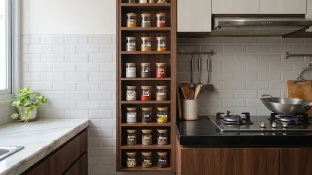 Ide rak bumbu yang menyatu dengan dinding dapur sehingga terlihat rapi dan elegan, model vertikal samping area memasak