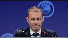 Presiden UEFA, Aleksander Ceferin, berbicara dalam konferensi pers setelah Kongres Biasa UEFA ke-49 yang diselenggarakan di pusat kongres Sava Centar di Beograd pada 3 April 2025. (PREDRAG MILOSAVLJEVIC/AFP)