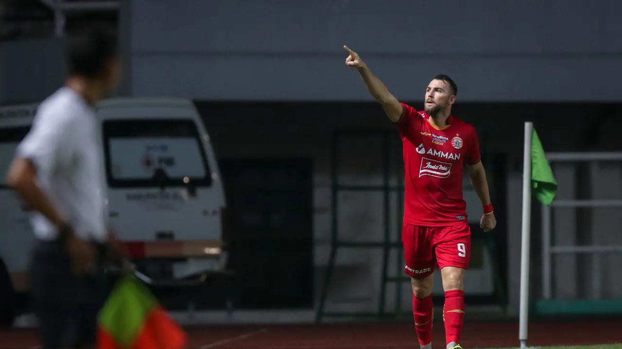 Marko Simic mencetak gol pertama Persija Jakarta ke gawang Persela Lamongan pada pekan keempat BRI Liga 1 2021/2022 di Stadion Pakansari, Kabupaten Bogor, Jumat (24/9/2021).