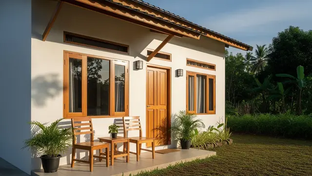 Teras Minimalis dengan Kursi Kayu yang Hangat