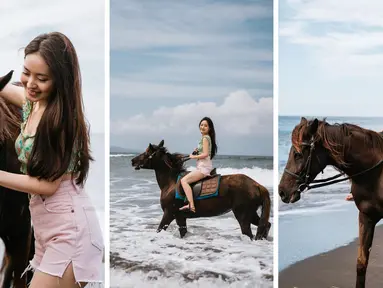 Foto kombinasi Natasha Wilona saat menunggang kuda di tepi pantai Bali. Mantan kekasih Verrel Bramasta itu terlihat sangat menikmati keindahan pantai dengan membawa kuda yang ditungganginya. (Instagram/natashawilona12)