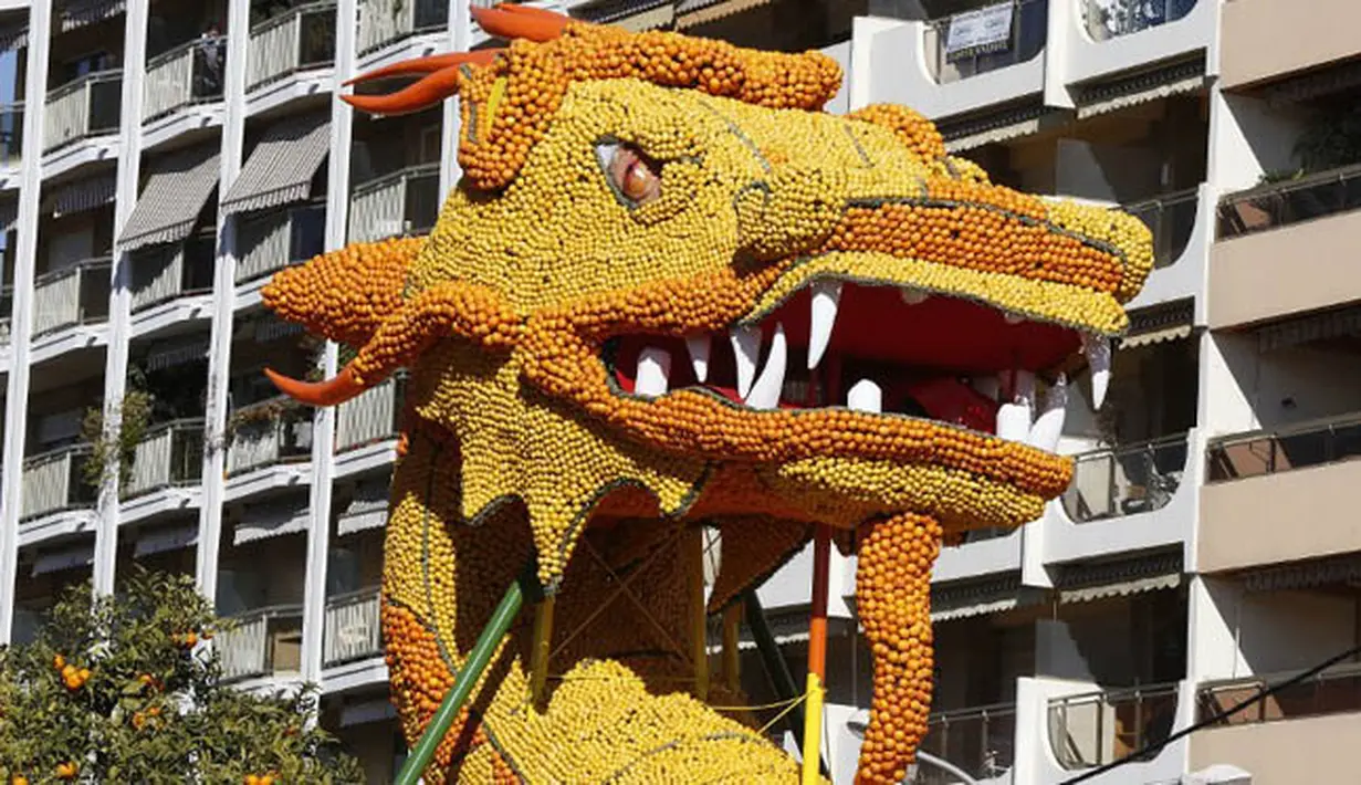 Sebuah patung yang terbuat dari dari jeruk dan lemon menjelang festival Lemon di Menton, sebuah kota kecil di Perancis, Rabu (12/2/2015). (AFP PHOTO/Valery Hache) 